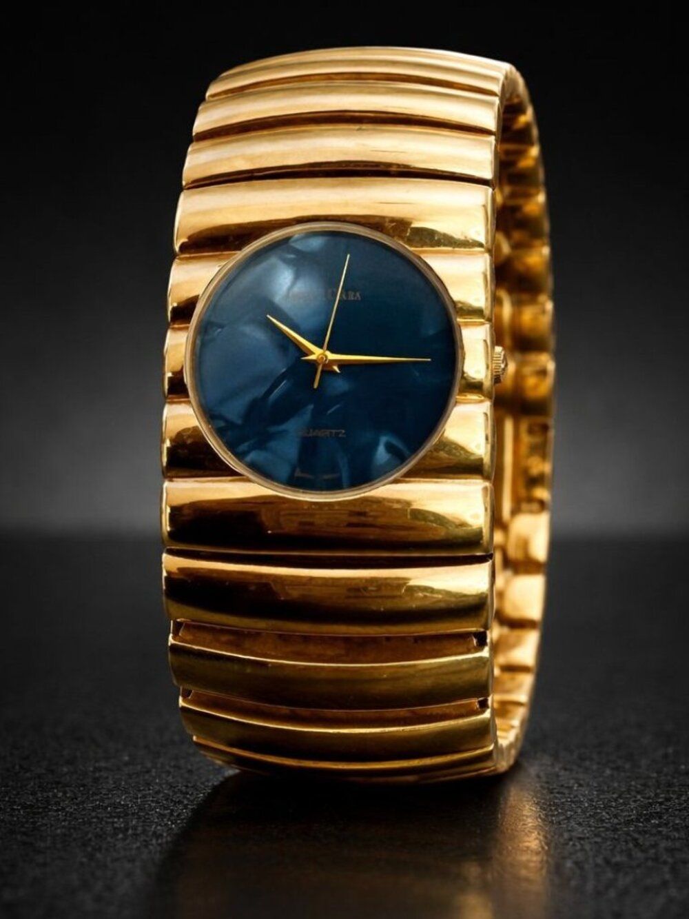 Jacque Ciara Vintage Gold Tone Ribbed Cuff Watch Blue Marble Dial Bracelet Glam